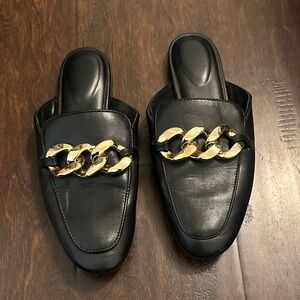 Black Slip-On Loafers with Gold Chain Accent